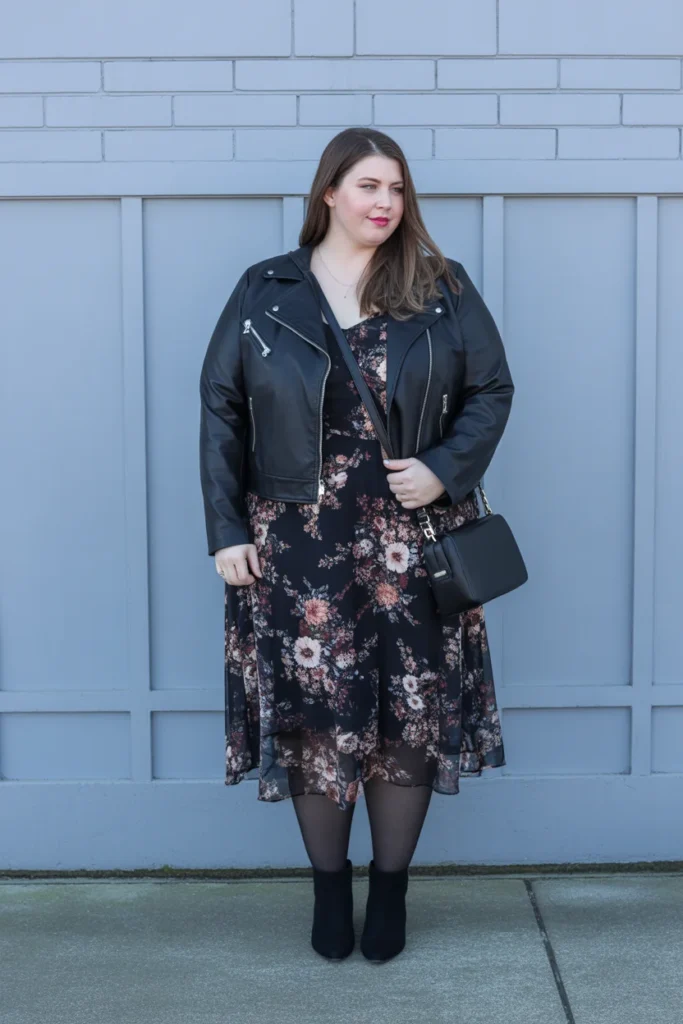 Faux Leather Jacket with Floral Dress