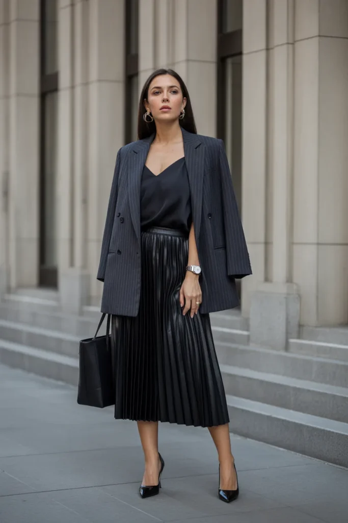 Faux Leather Pleated Skirt with Blazer