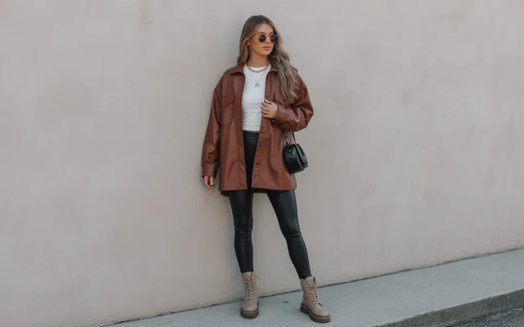 25 Chic Black Girl Winter Outfits 2026 Baddie Casual Faux Leather Shacket with Leggings