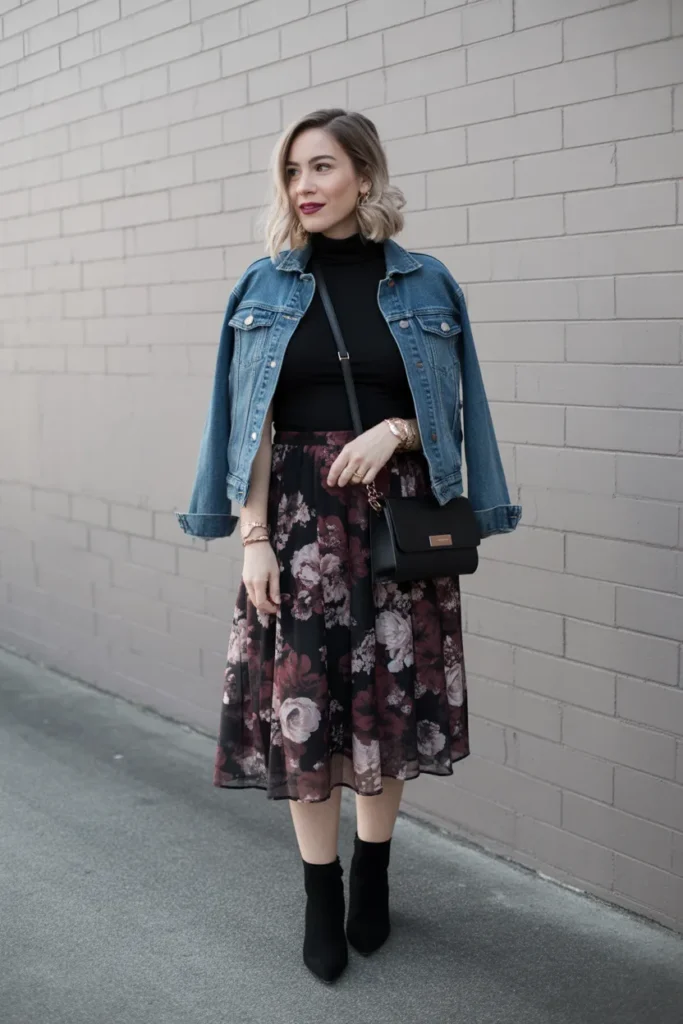 Floral Midi Skirt with Denim Jacket