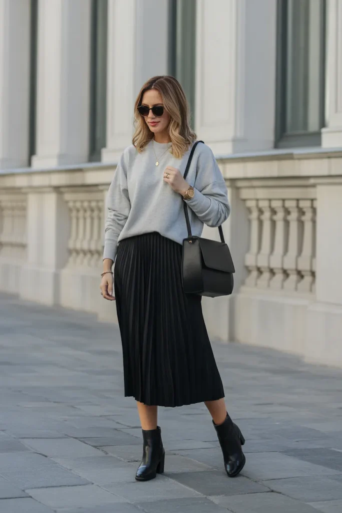  Gray Sweater and Black Midi Skirt