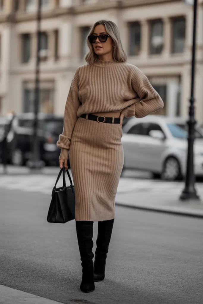 Knit Sweater Skirt with Thigh-High Boots