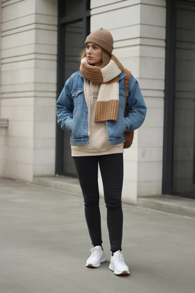 Layered Scarf and Denim Jacket Look