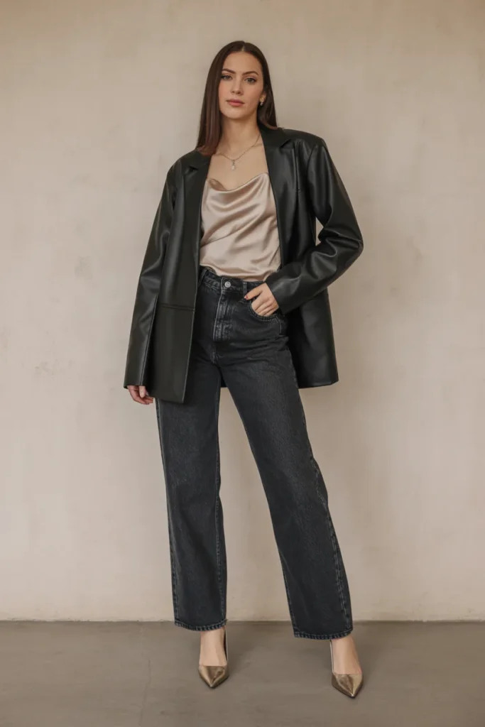 Night Bar Looks Leather Blazer with Satin Cami and Jeans