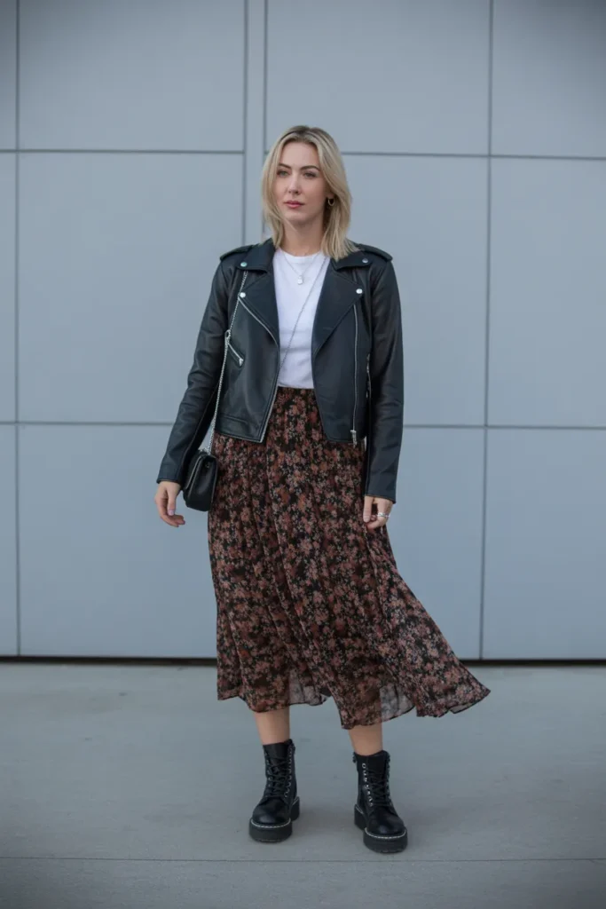 Leather Jacket and Midi Skirt Edge