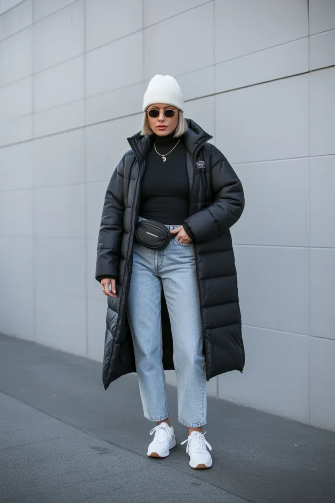 Longline Puffer with Bodysuit and Jeans
