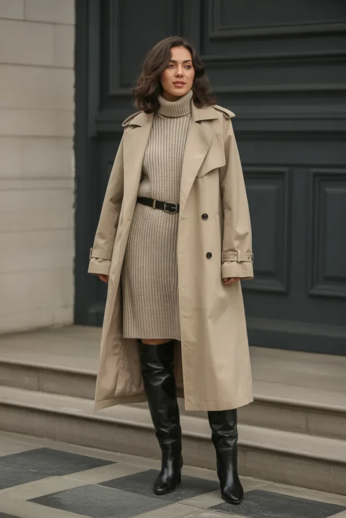 Longline Trench Coat with Knee-High Boots