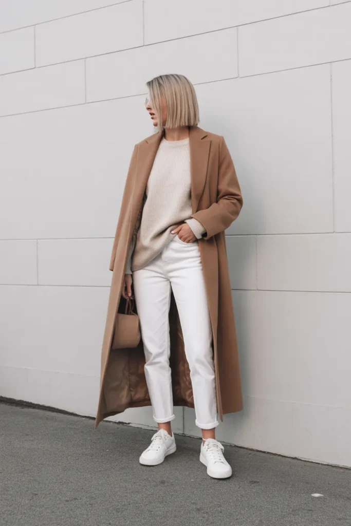 Maxi Coat with Sweater and Sneakers