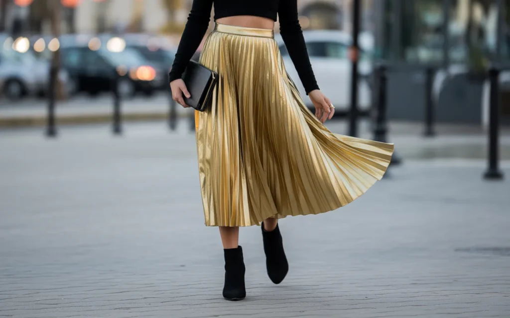 24 Winter Going Out Outfit Ideas 2026 Night Bar Looks Metallic Pleated Skirt with Crop Top