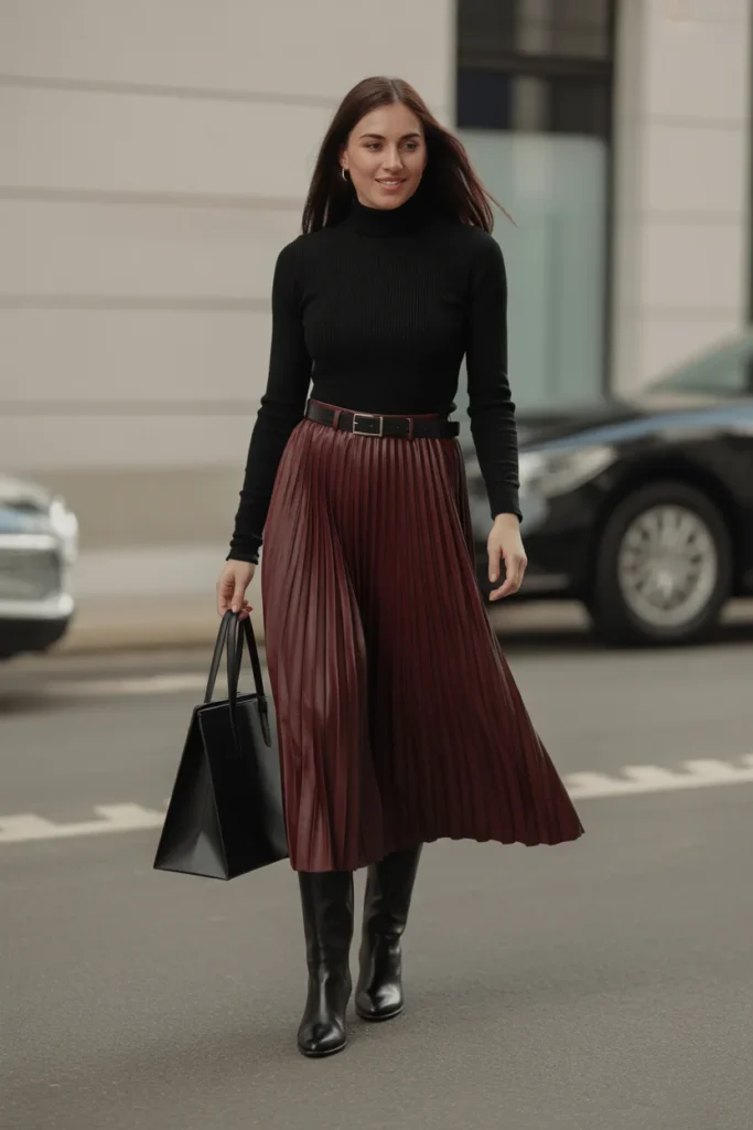 Midi Skirt with Boots and Sweater