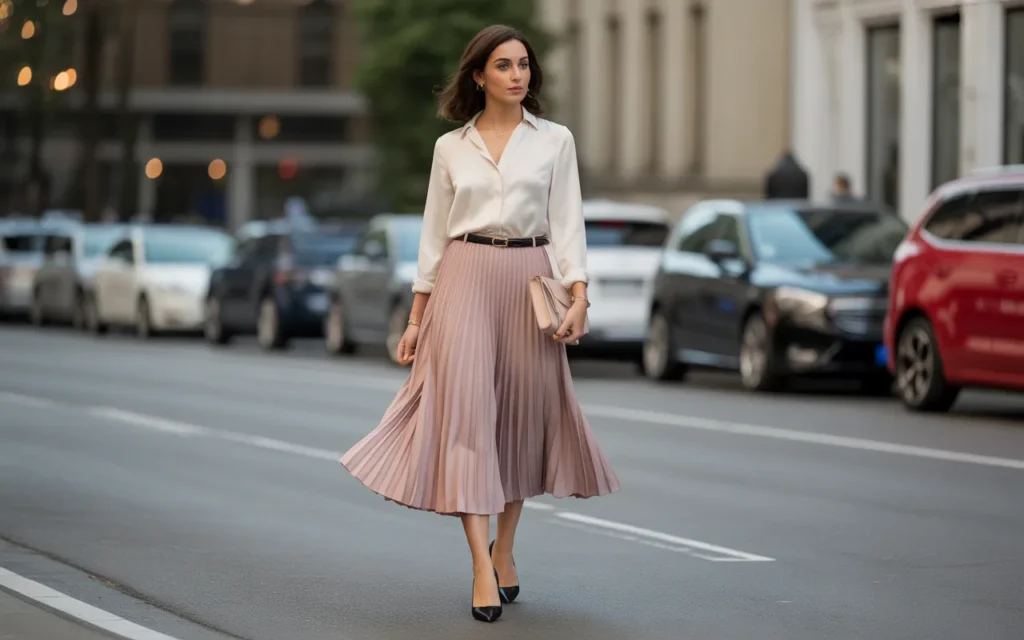 Business Casual Outfits 2026 Chic Ideas Now Midi Skirt with Tucked-In Blouse