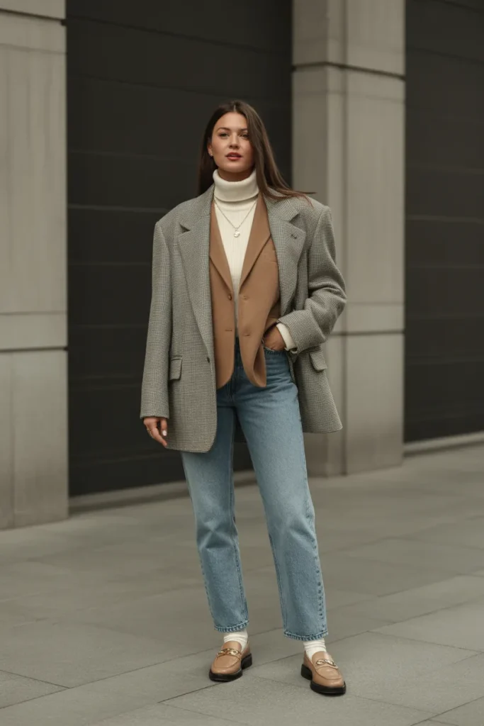 Oversized Blazer with Layered Knitwear