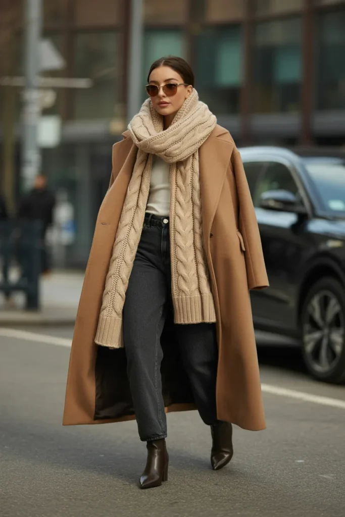 Oversized Camel Coat with Chunky Knit Scarf