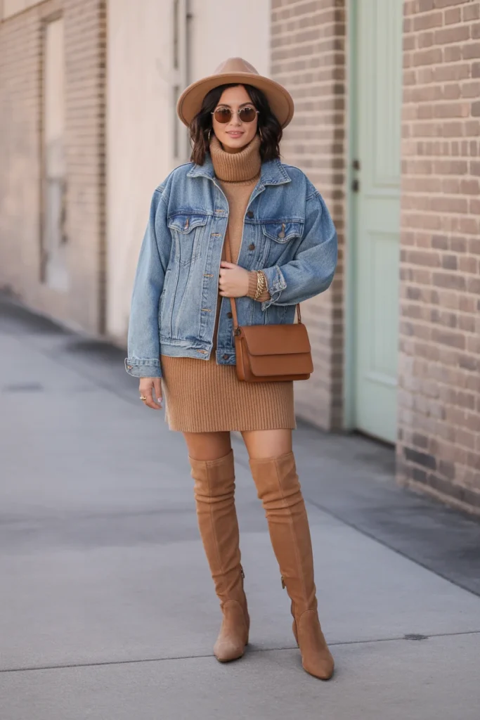 Oversized Denim Jacket with Sweater Dress