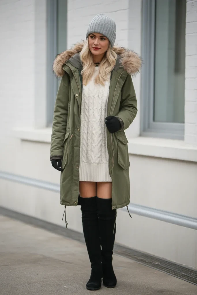  Parka with Cozy Sweater Dress