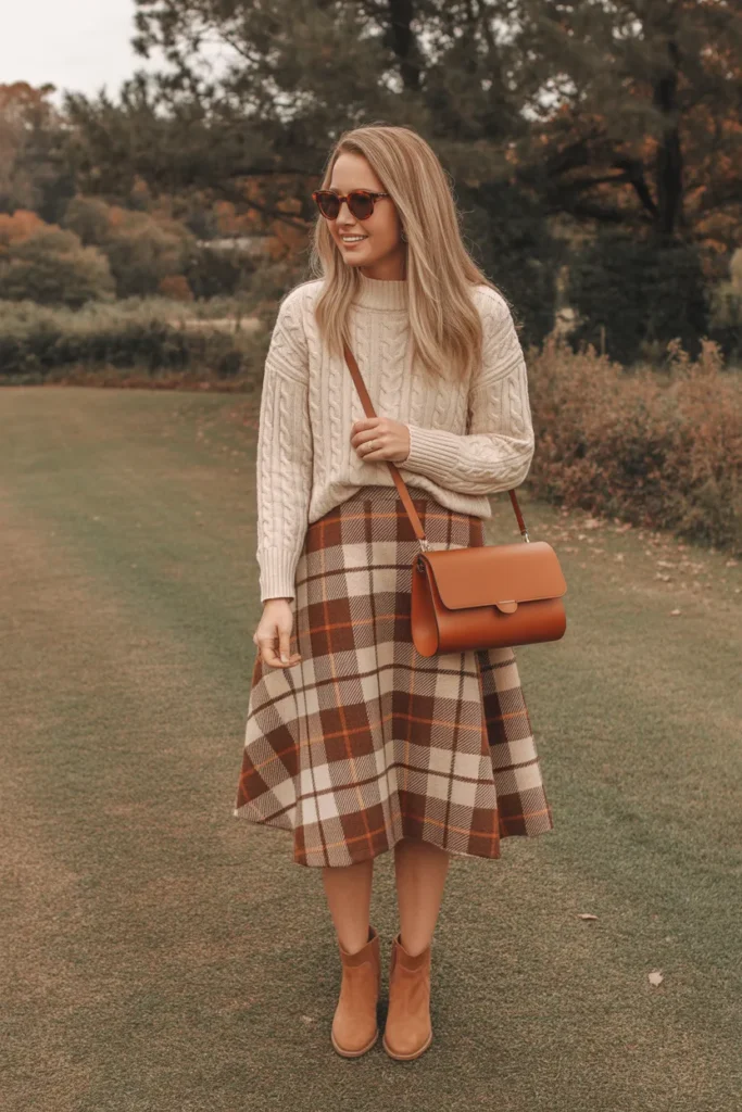 Plaid A-Line Skirt with Ankle Boots