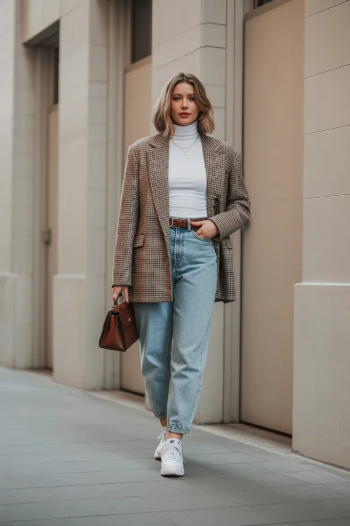 Plaid Blazer and Mom Jeans Combo