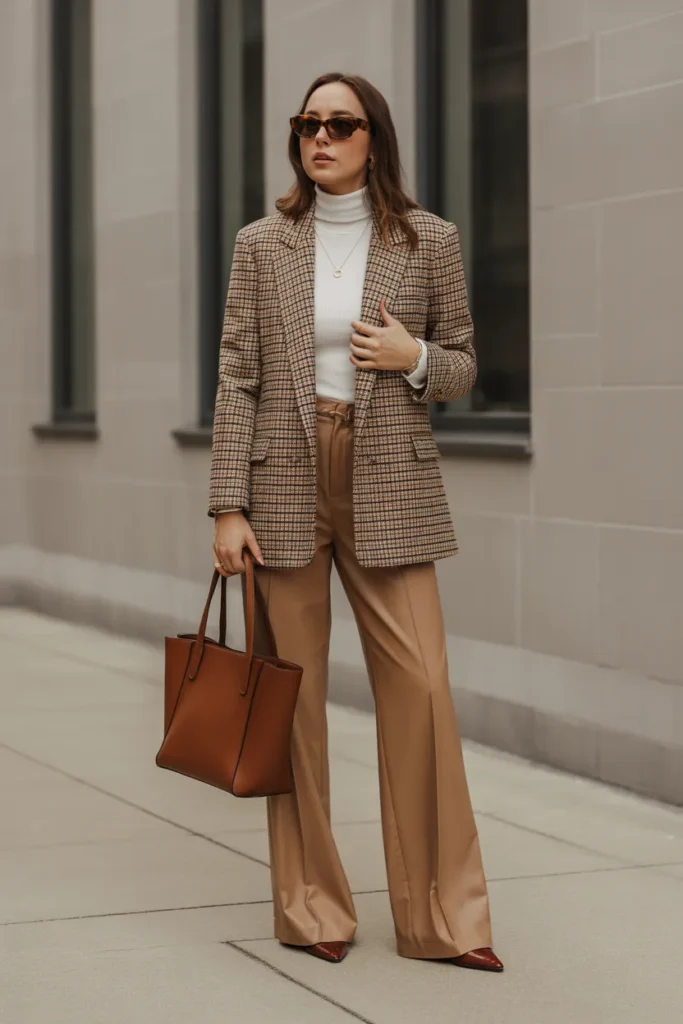 Plaid Blazer and Wide-Leg Trousers Combo