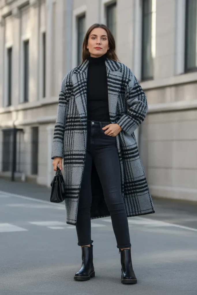 Plaid Coat with All-Black Base