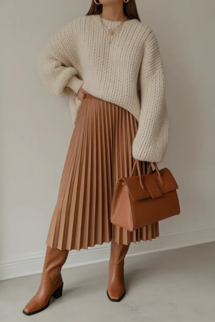 Pleated Midi Skirt with Oversized Sweater