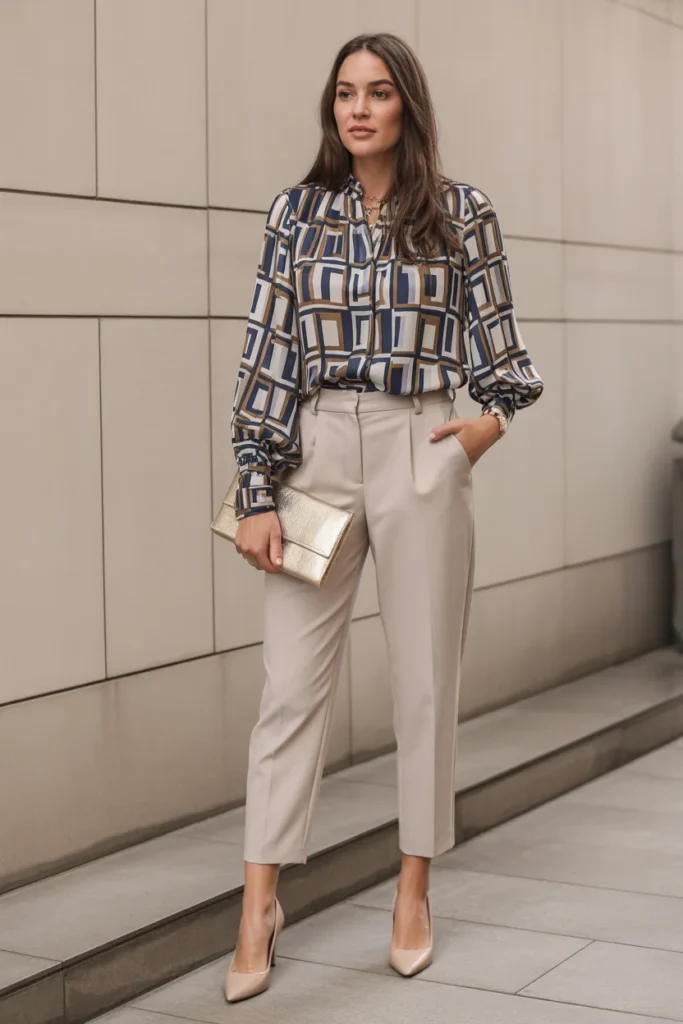 Printed Blouse with Neutral Bottoms