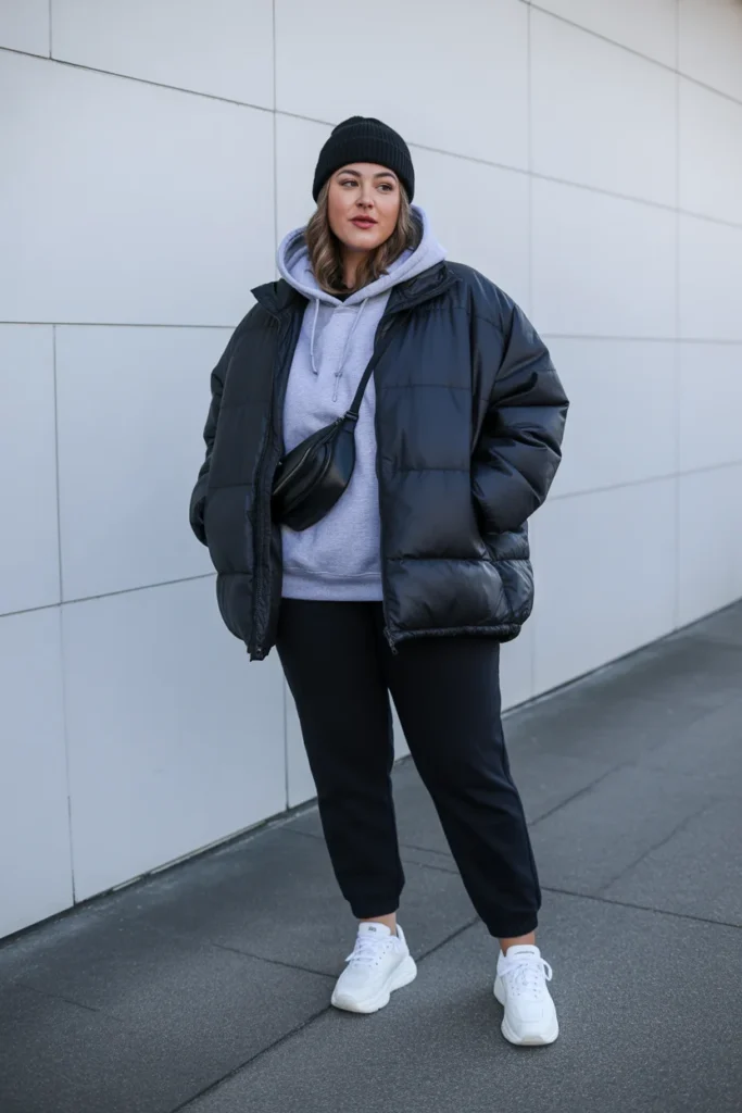 Puffer Jacket with Joggers and Sneakers