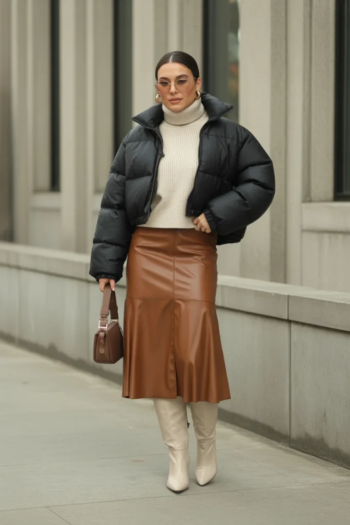  Puffer Jacket with Sweater and Skirt