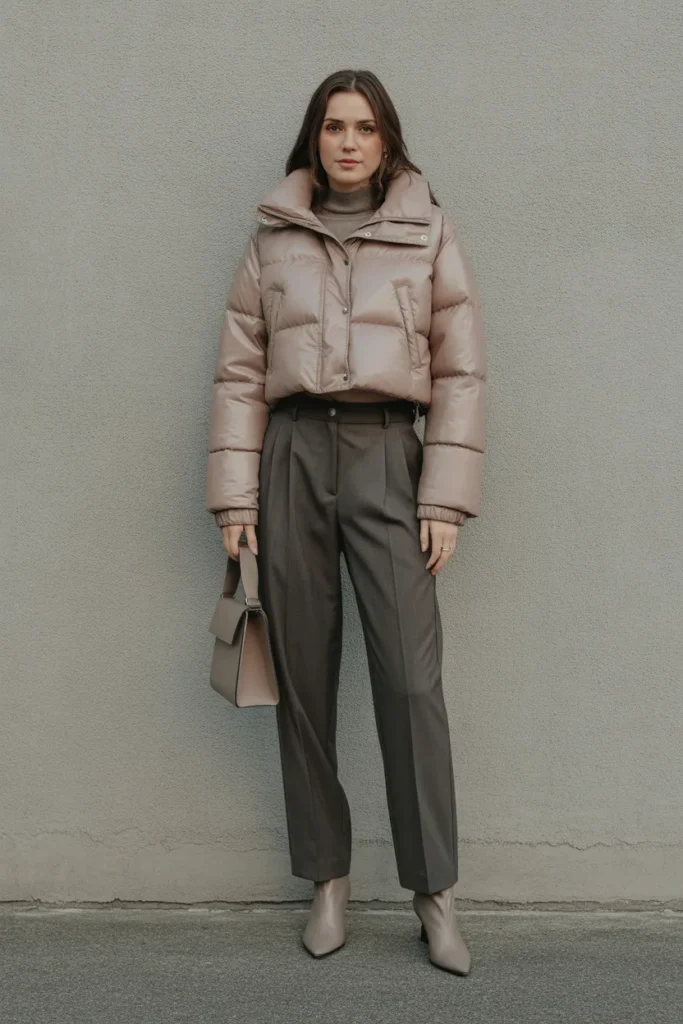 Puffer Jacket with Tailored Trousers