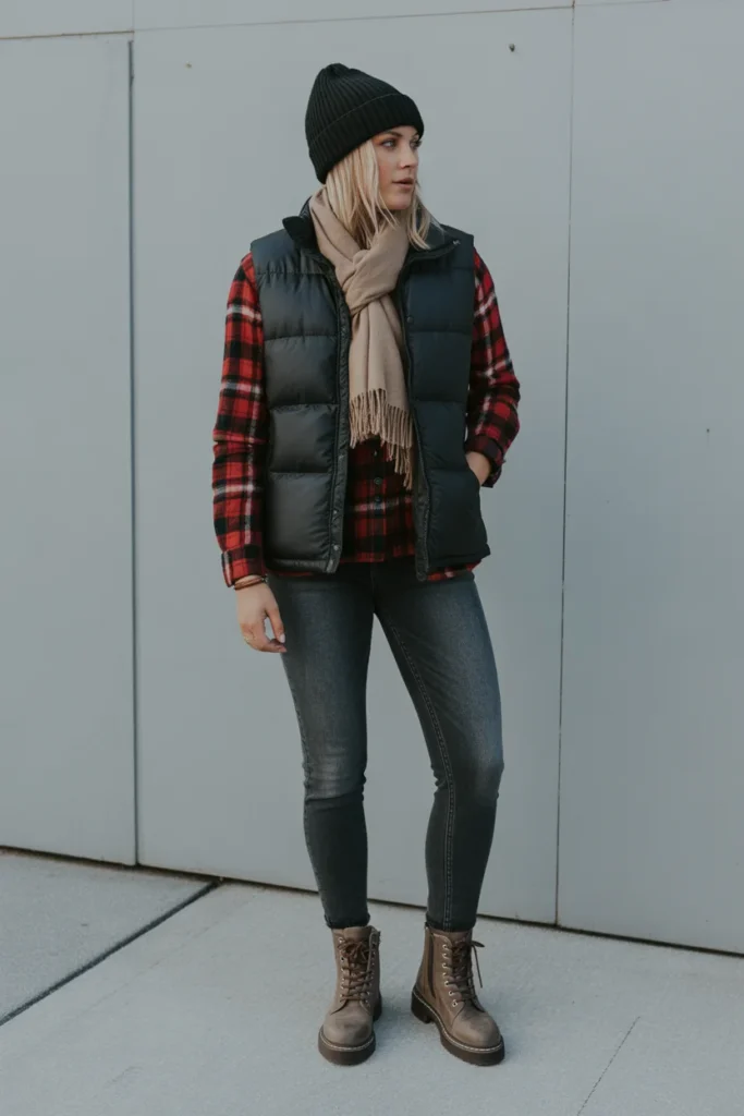 Puffer Vest Over Plaid Shirt