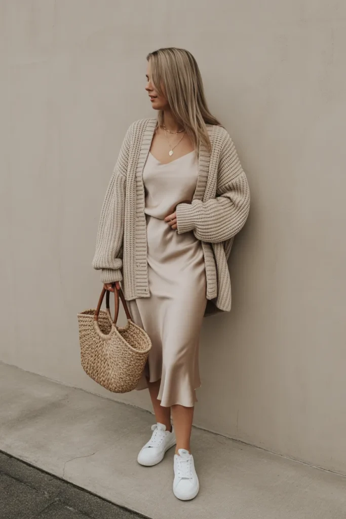 Satin Slip Skirt with Chunky Cardigan