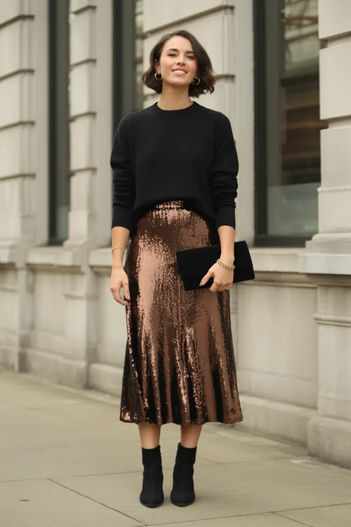  Sequin Midi Skirt with Simple Sweater