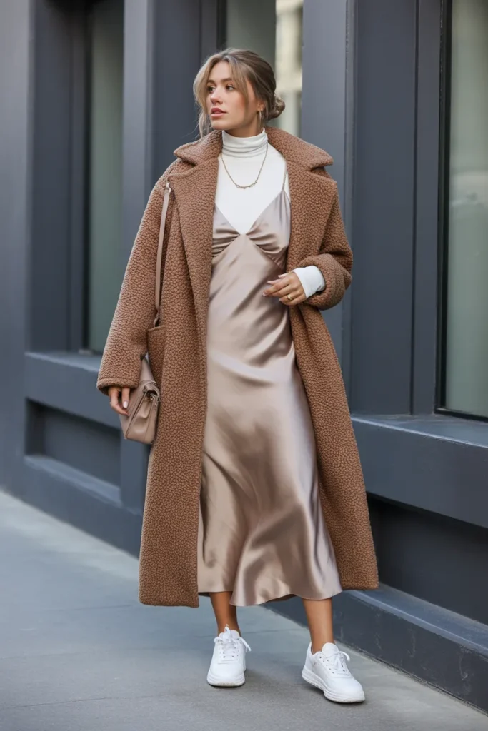 Teddy Coat and Slip Dress Layering
