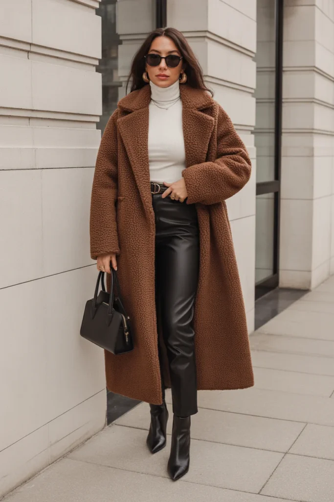 Teddy Coat with Leather Pants