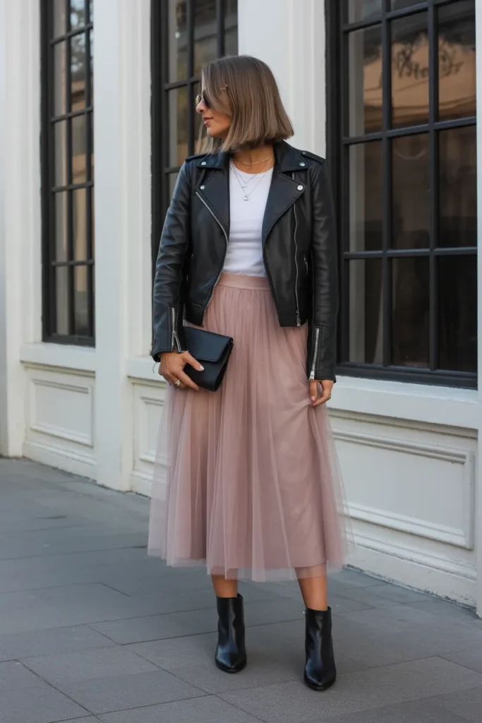 Tulle Midi Skirt with Leather Jacket