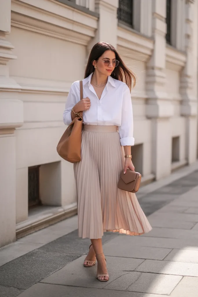 White Shirt and Beige Midi Skirt