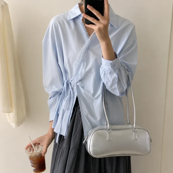 Blue lace V-neck blouse