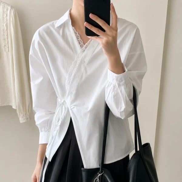 White lace V-neck blouse, front view