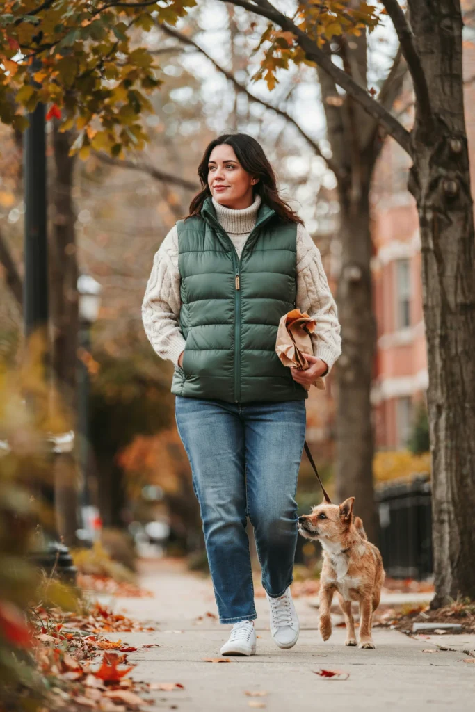 Forest Green Puffer Vest with Cream Knit and Jeans