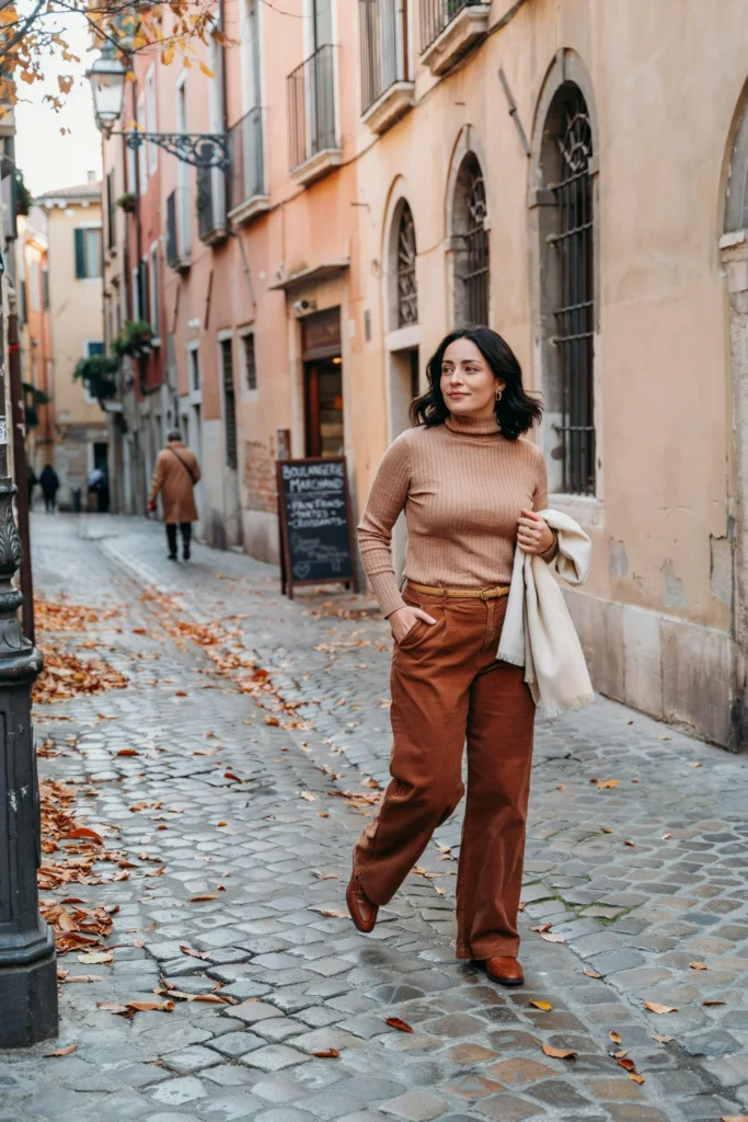 Caramel Turtleneck with Brown Corduroy Trousers