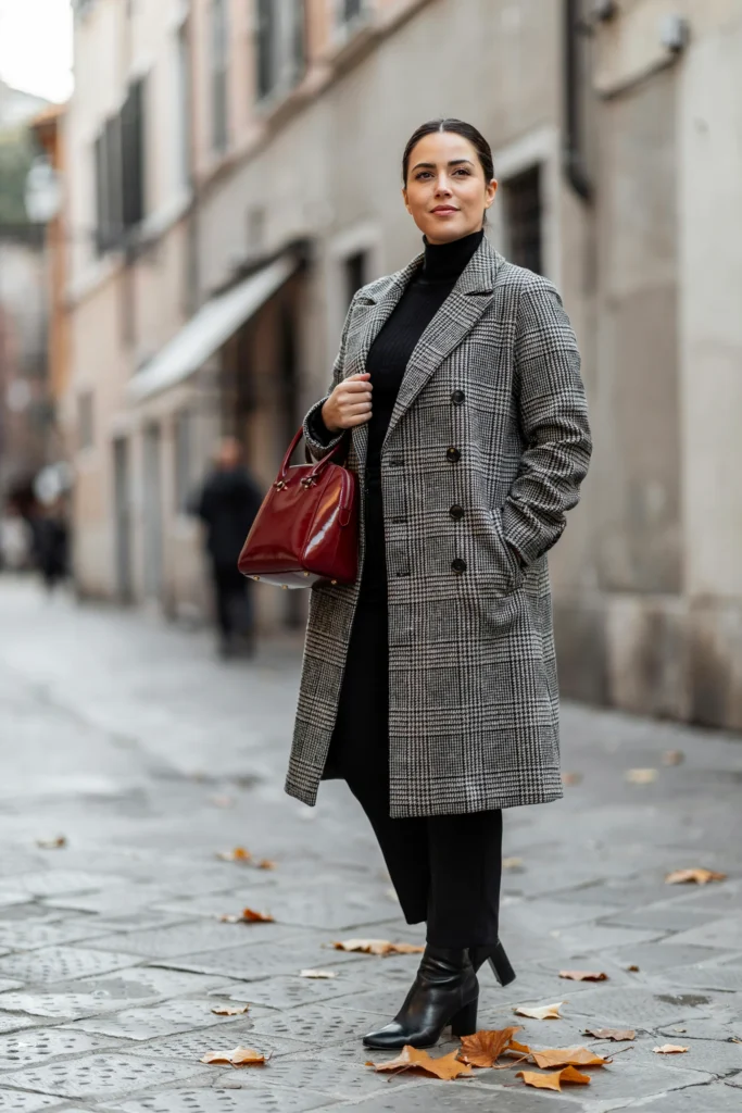 Houndstooth Coat with Black Turtleneck and Trousers