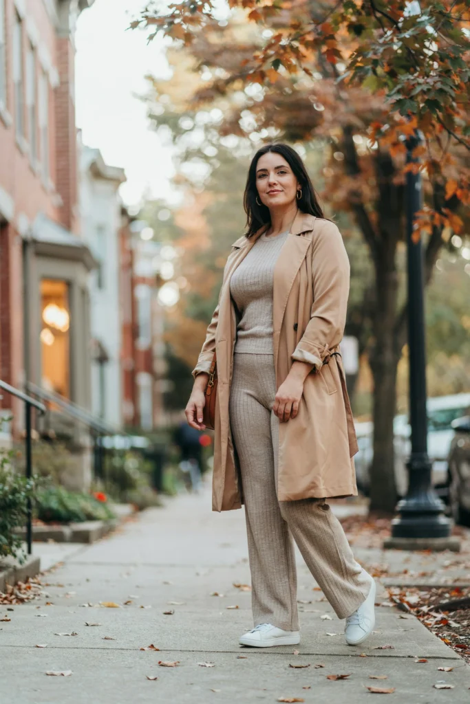  Oatmeal Ribbed Set with Tan Trench Coat