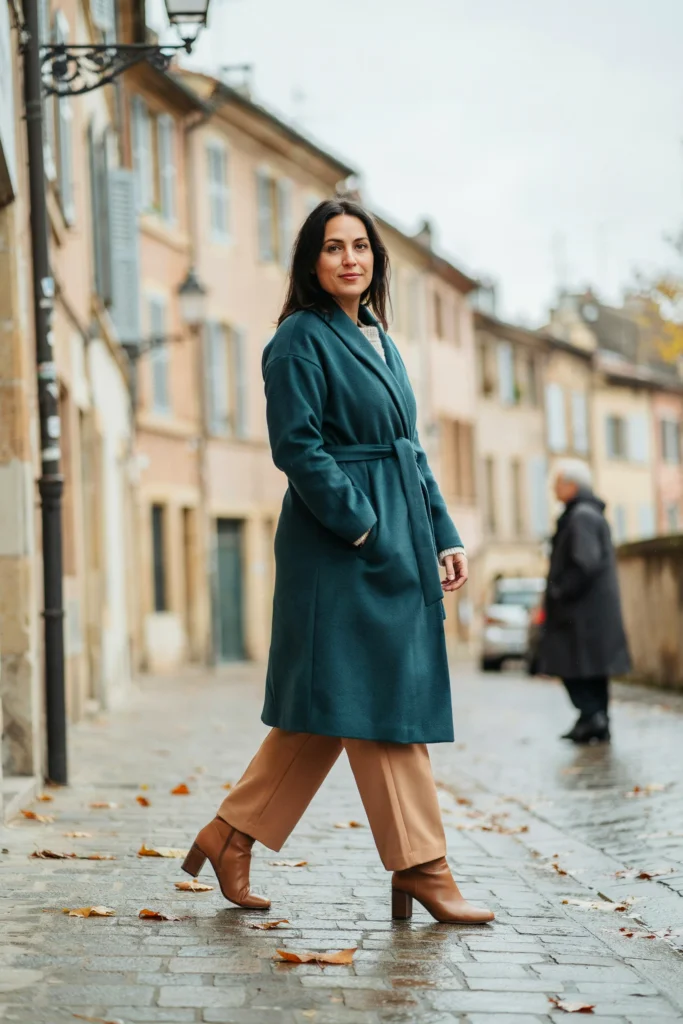  Deep Teal Wrap Coat with Wide-Leg Trousers