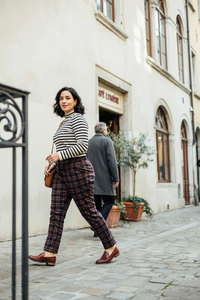 Striped Mock Neck with High-Waisted Plaid Trousers