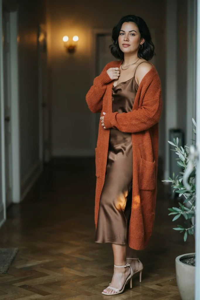 Rust Longline Cardigan with Slip Dress