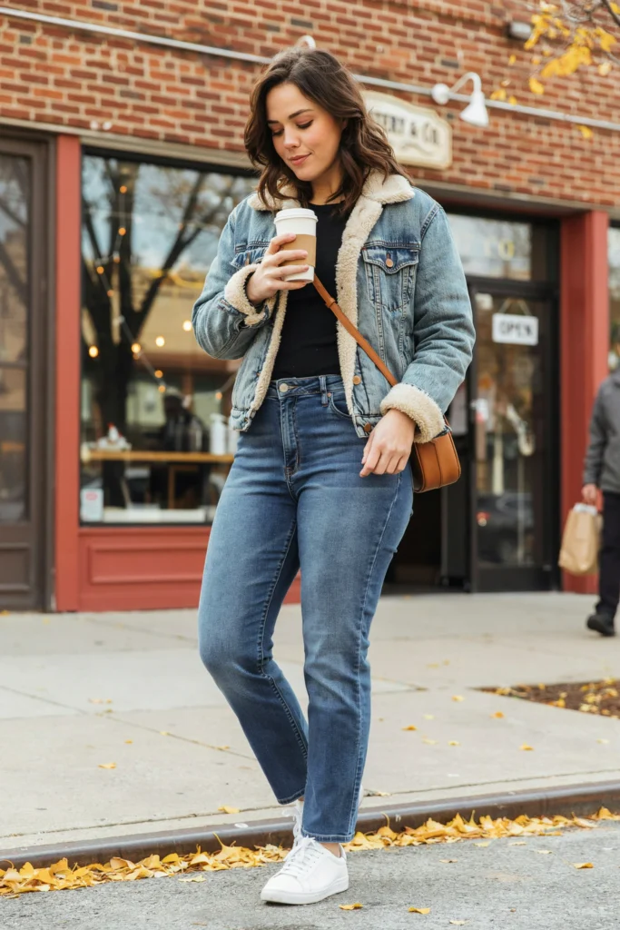 Tan Shearling Jacket with Straight-Leg Jeans