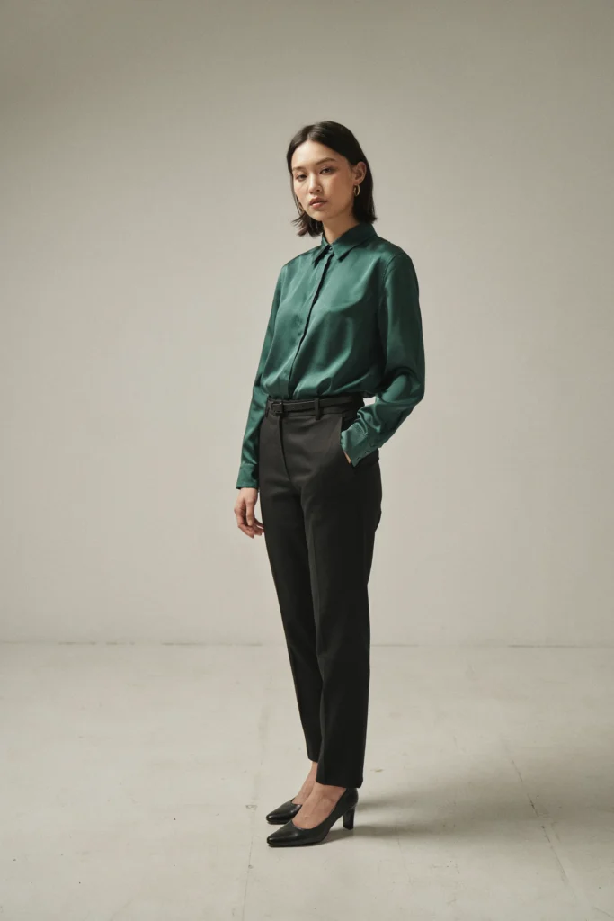 Emerald Green Blouse with Tailored Black Trousers