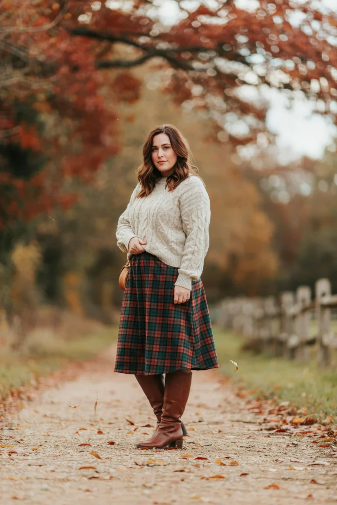 Chunky Knit Sweater with Plaid Midi Skirt