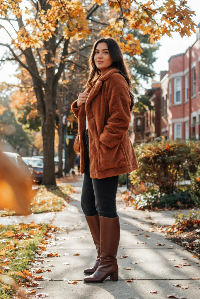  Brown Teddy Bear Coat with Jeans and Boots