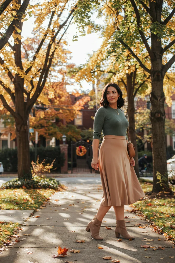 Sage Green Knit with Camel Midi Skirt