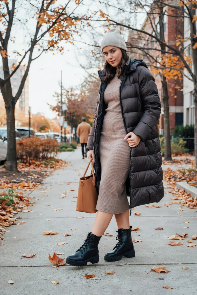 Charcoal Puffer Coat with Cozy Knit Dress